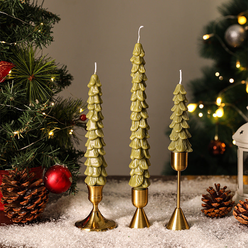 Festive Sculpted Pine Taper Candle Trio with Brass Holders