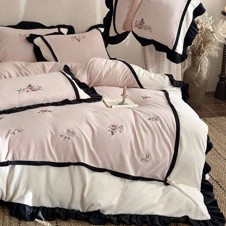 Floral Embroidered Ruffled Duvet Cover Ensemble with Velvet-Framed Panels and Pillow Shams