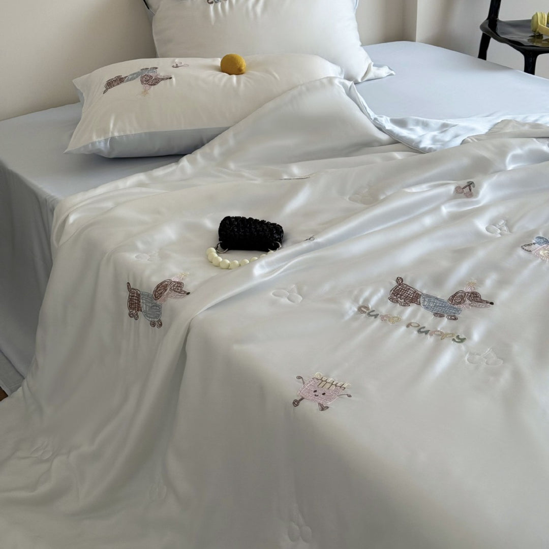 Silk Satin Bedding Set with Subtle Animal Embroidery and Luxurious Shine