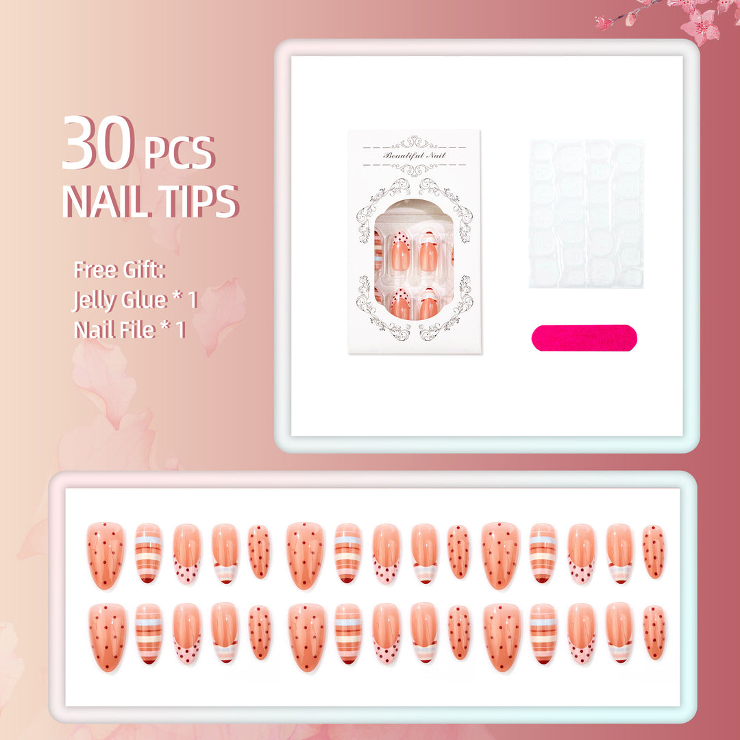 Decorative Press-On Nail Set with Polka Dot and Striped Designs