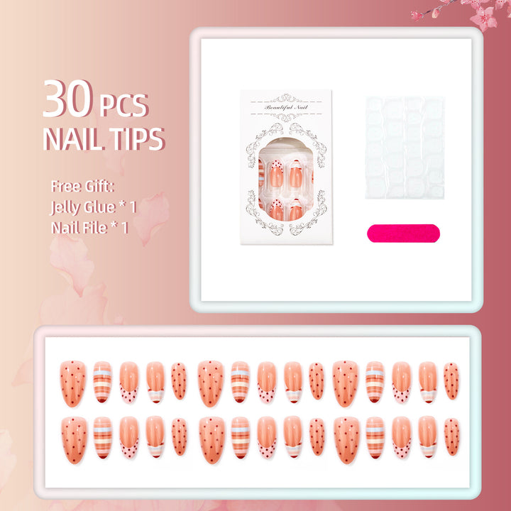 Decorative Press-On Nail Set with Polka Dot and Striped Designs