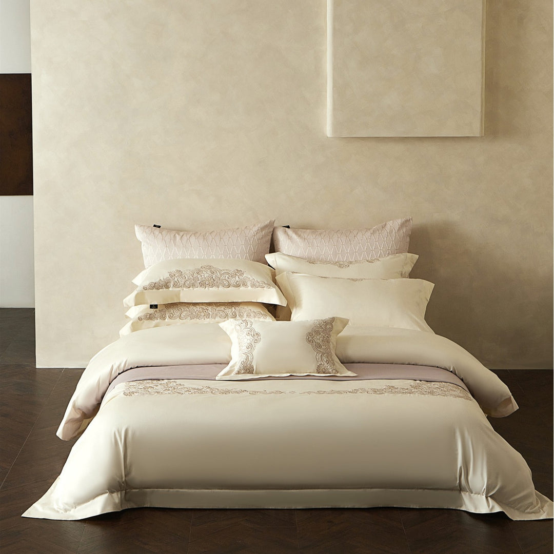 Embroidered Sateen Duvet Cover Set with Lace-Edge Pillow Shams