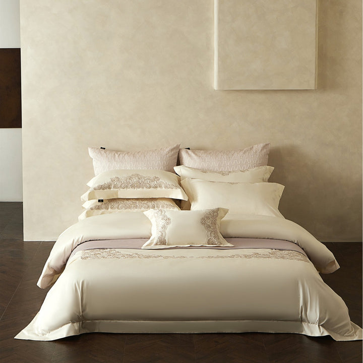 Embroidered Sateen Duvet Cover Set with Lace-Edge Pillow Shams