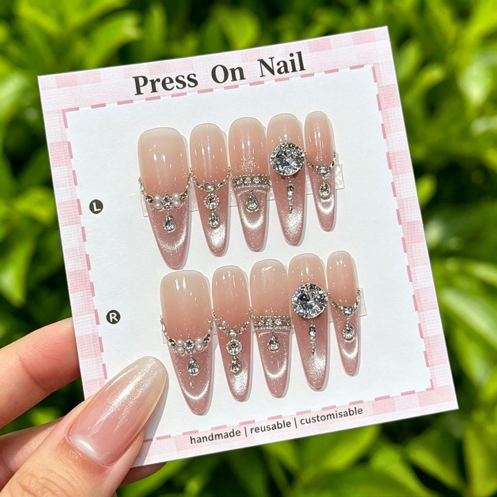 Decorative Press-On Nail Set with Gem Accents  1791774365