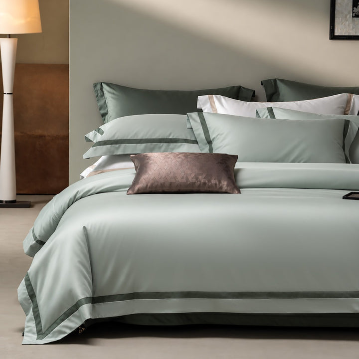 Luxury Two-Tone Cotton Sateen Duvet Cover Set with Double-Trim Border and Euro Shams