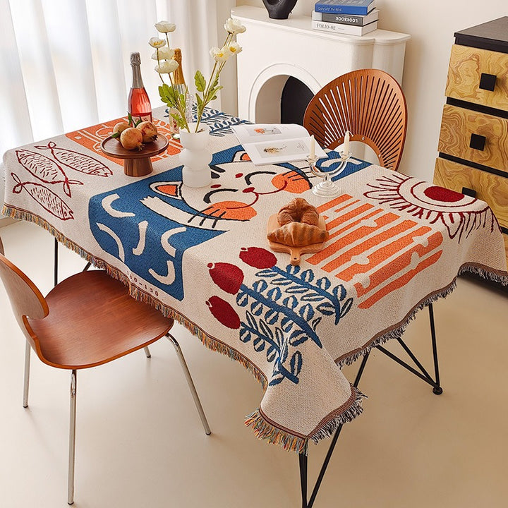 Round Textured Waffle-Weave Fringe Tablecloth with Tassel Edge