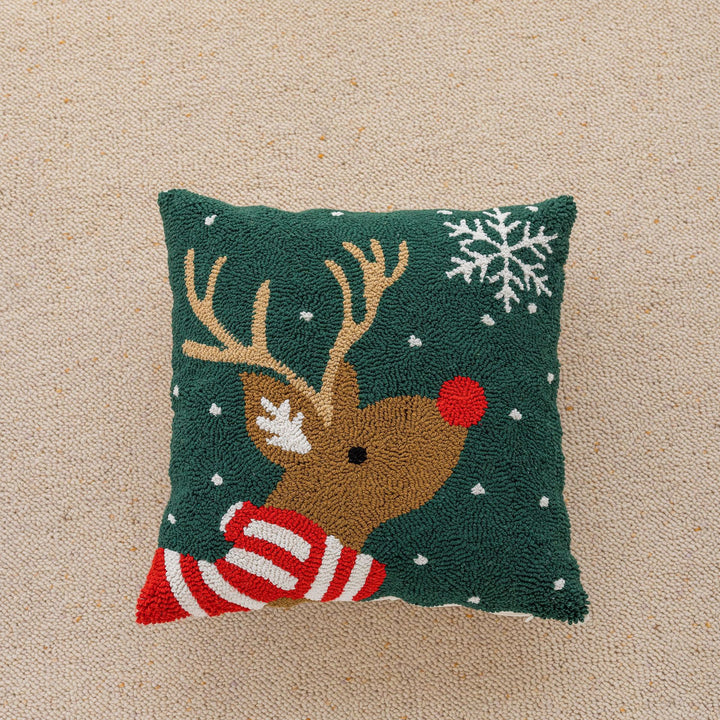 Square Holiday Tufted Cotton Throw Pillow with Tassel Corners and Appliqué Christmas Trees