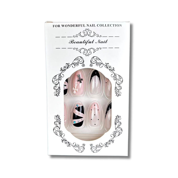 Artistic Press-On Nail Set with Decorative Embellishments