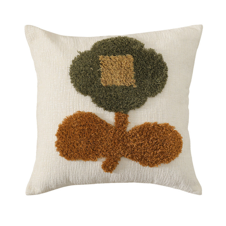 Hand-tufted square decorative cushion cover with floral chenille appliqué