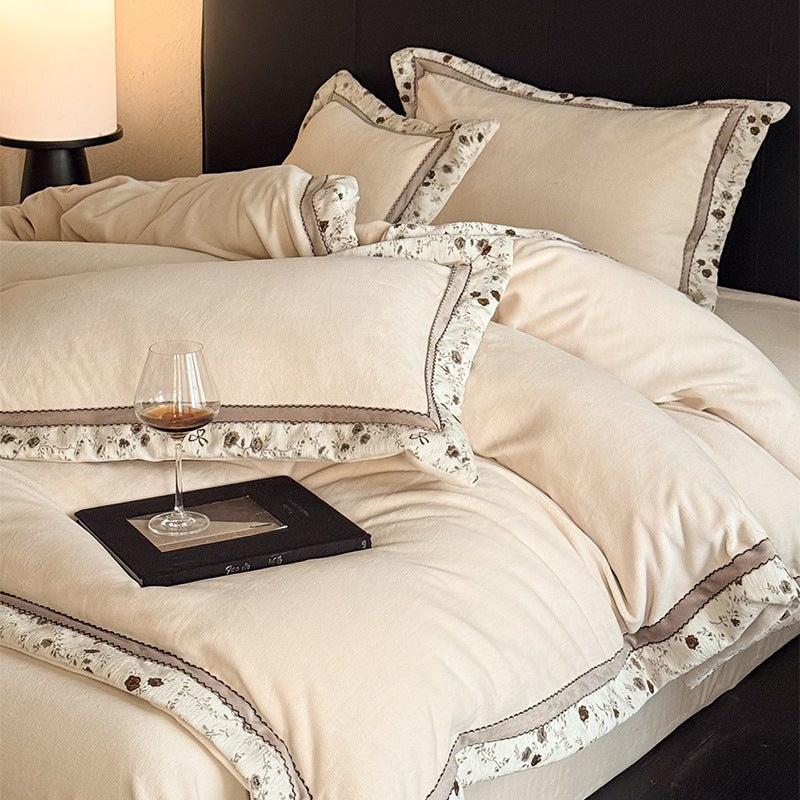 Plush Brushed Microfiber Duvet Cover & Sham Set with Floral Scalloped Trim
