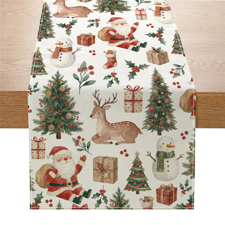 Festive Cotton-Blend Table Runner with Nutcracker and Christmas Tree Print