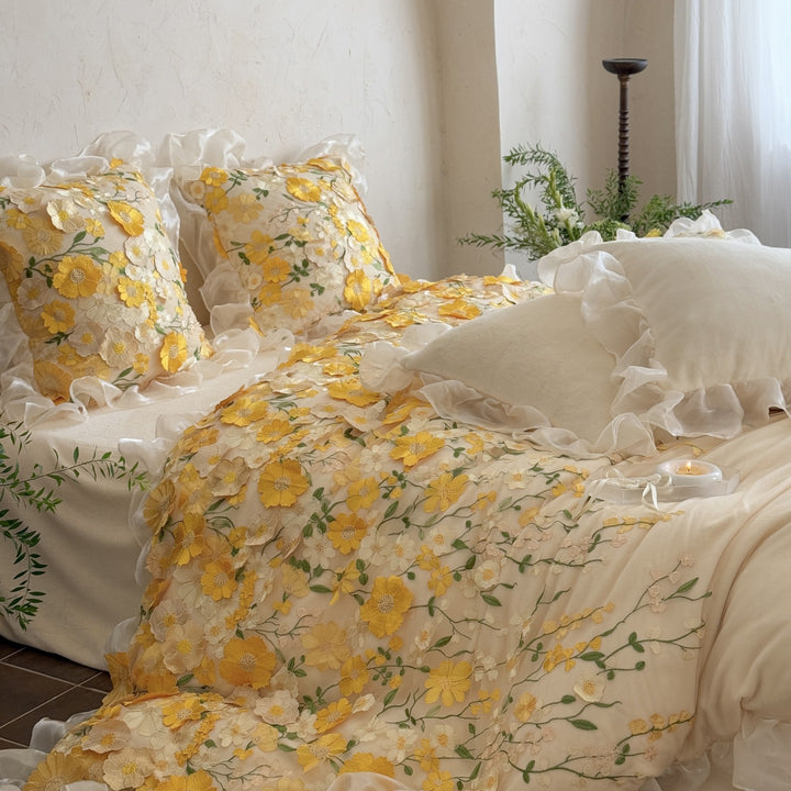 Embroidered Floral Organza Ruffle Duvet Cover Bedding Set
