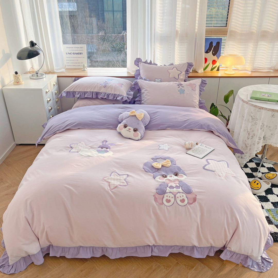 Ruffled Plush Embroidered Cartoon Bedding Duvet Cover Set