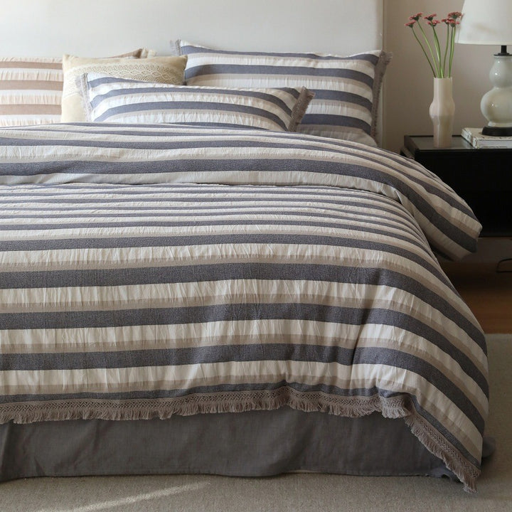 Striped Cotton-Linen Duvet Cover Set with Textured Fringe Trim