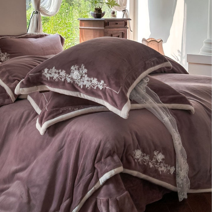 Luxury Embroidered Velvet Duvet Cover Set with Ruffle Skirt and Pillow Shams