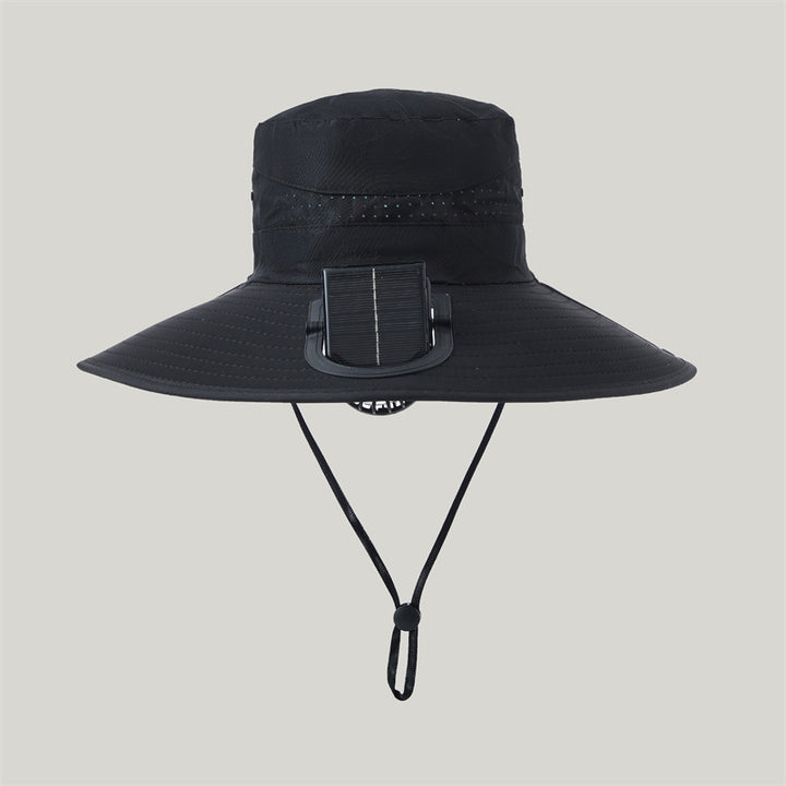 wide-brimmed outdoor sun hat with solar module, quiet mini fan, and adjustable chin strap Stornfield