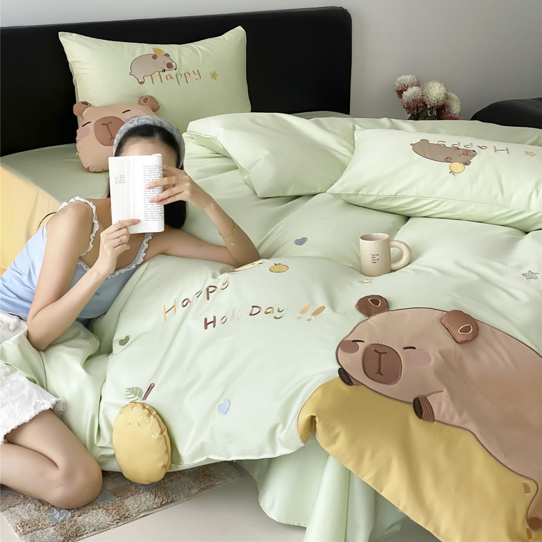Soft-Touch Cotton Duvet Cover Set with 3D Bear Appliqué, Reversible Sateen Back & Pillow Shams