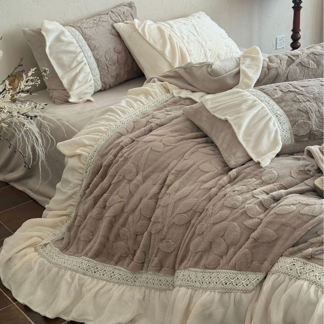 Embossed Floral Quilted Duvet Cover Set with Ruffled Skirt Lace-Trim & Bolster Pillow