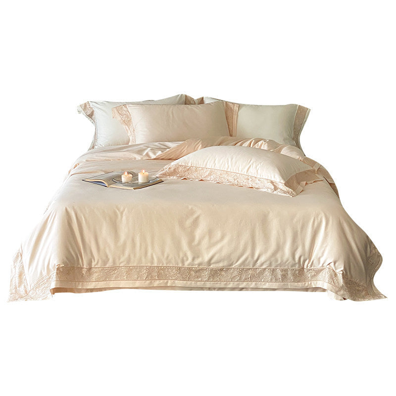 Luxury Cotton-Sateen Duvet Cover Set with Lace-Trim Hem & Decorative Pillow Shams