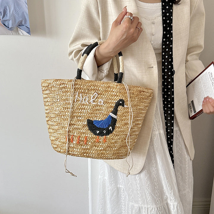 Embroidered Straw Market Tote