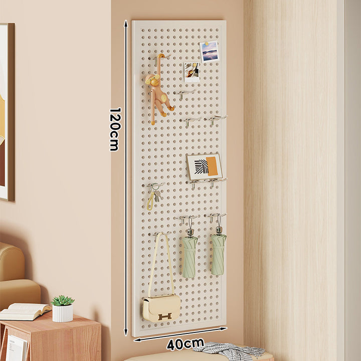 Large Vertical Perforated Wall Storage Panel with Adjustable Hooks and Accessory Mounts