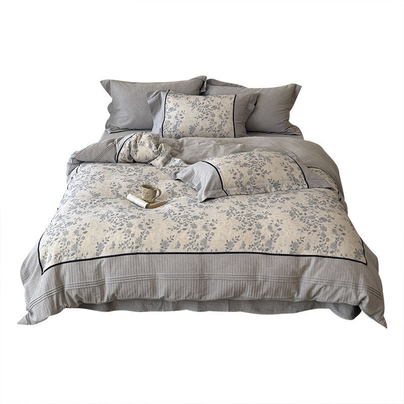 Floral Linen Duvet Cover Set with Decorative Lace Trim