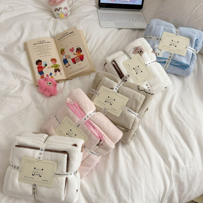 Plush Cotton Bath Towel Set with Cute Cloud Embroidery