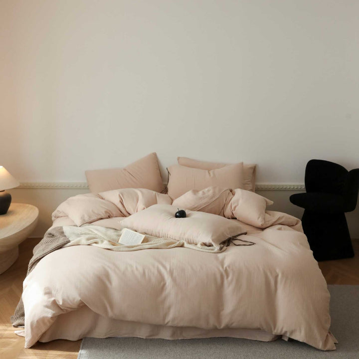Breathable stonewashed bed linen set made of cotton-linen blend