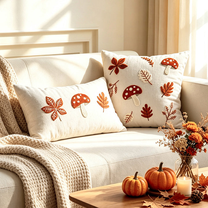 Square Embroidered Autumn Mushroom & Oak Leaf Textured Cotton-Linen Throw Pillow Cover with Hidden Zipper