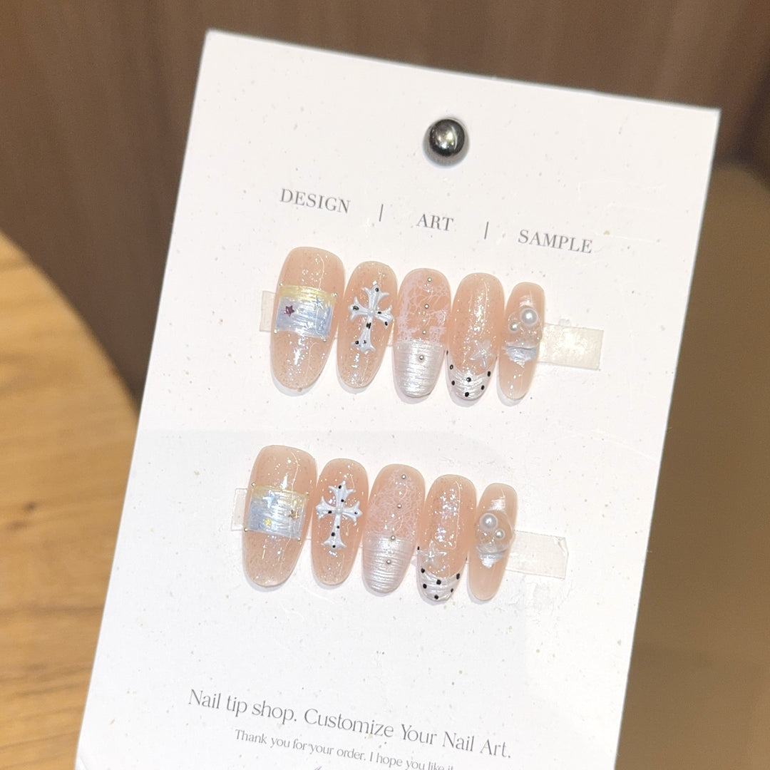 Acrylic Nail Set with Dreamy Glitter and Pearl Designs Stornfield