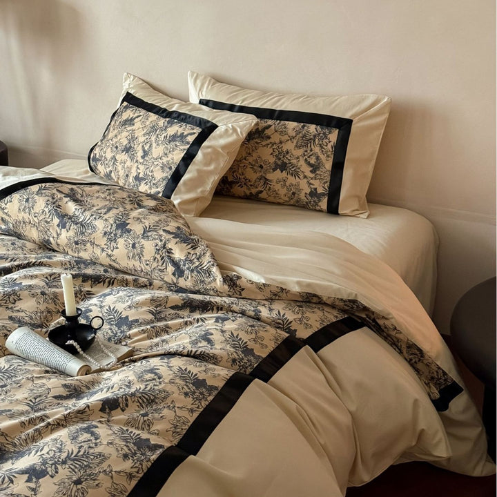Floral Toile Satin-Trim Duvet Cover Set with Reversible Silky Microfiber & Piped Pillow Shams