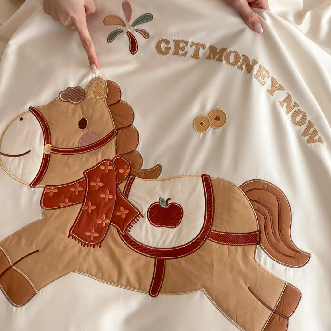 Horse Motif Cotton Sateen Duvet Cover Set with Embroidered Appliqué Pillow Shams