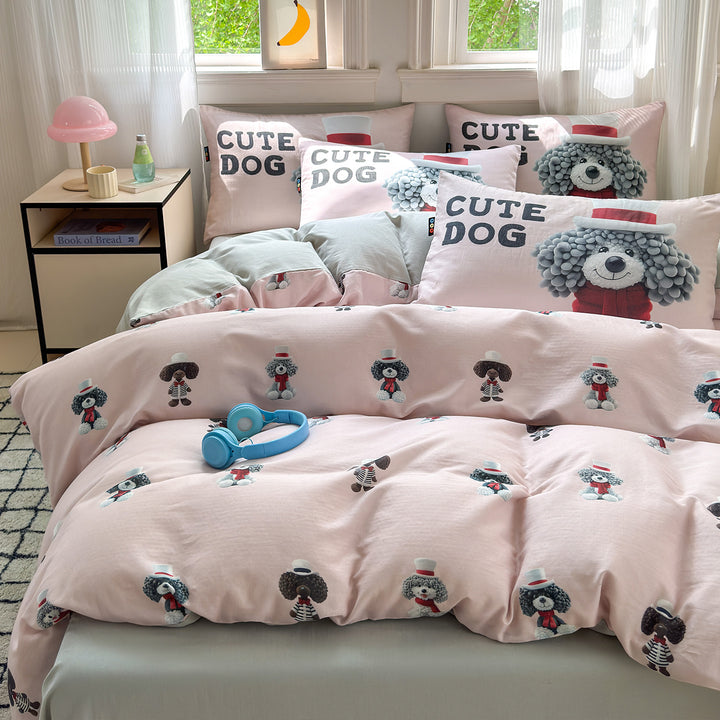Cotton Printed Duvet Cover Set with Cute Dog Illustration