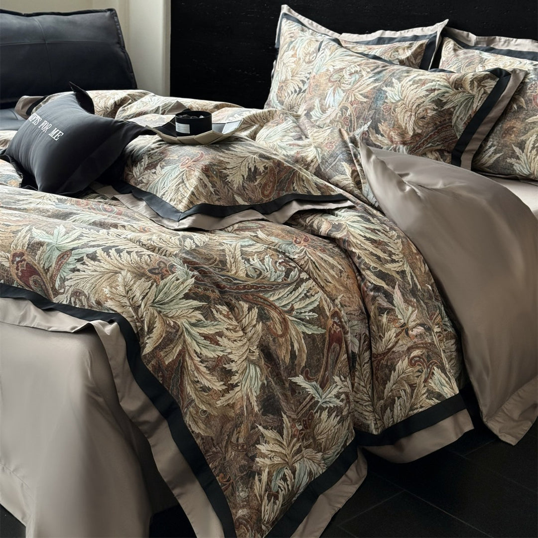 Luxury Tapestry-Style Botanical Duvet Cover Set with Satin Border & Corner Ties