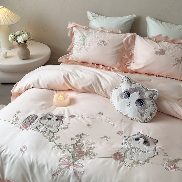 Luxury Embroidered Ruffled Cotton Sateen Duvet Cover Set with Cute Cat Motif