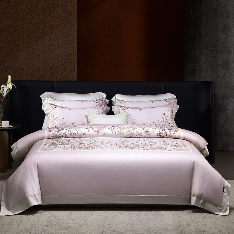 Luxe Satin-Feel Floral Center-Panel Duvet Cover Set with Rolled Bolster & Euro Shams