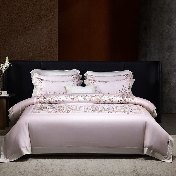 Luxe Satin-Feel Floral Center-Panel Duvet Cover Set with Rolled Bolster & Euro Shams