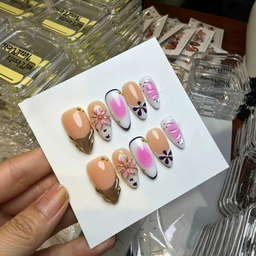 Decorative Press-On Nail Art Set with Floral and Butterfly Designs