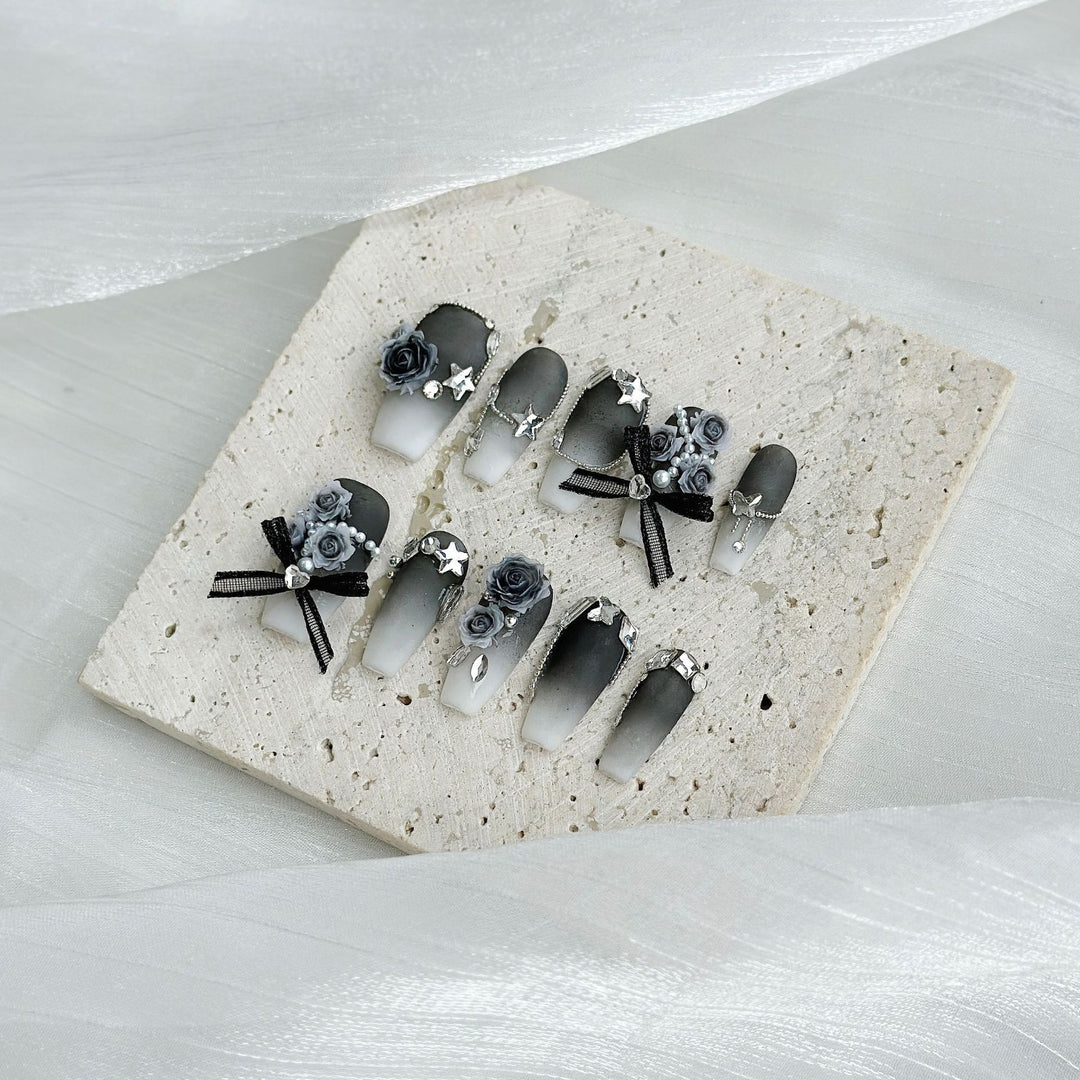 Decorative Floral Press-On Nail Set with Gem Accents