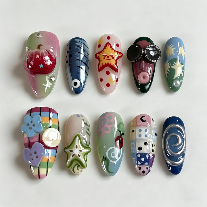Artistic Press-On Nail Set with Playful Designs Stornfield