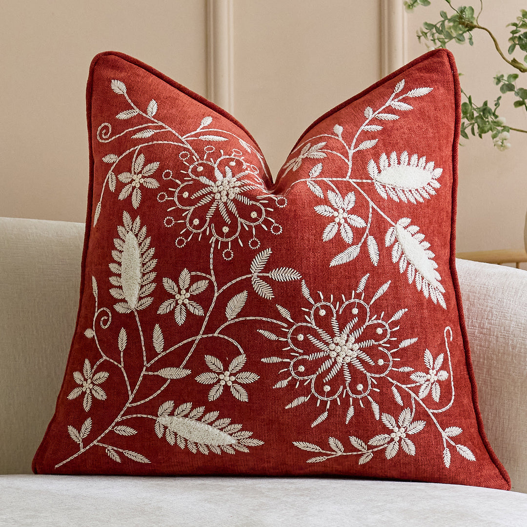 Square Embroidered Linen-Blend Decorative Throw Pillow Cover with Piped Edge