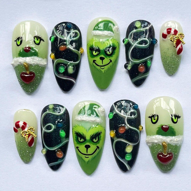 Festive Grinch-Themed Press-On Nail Art Set Stornfield