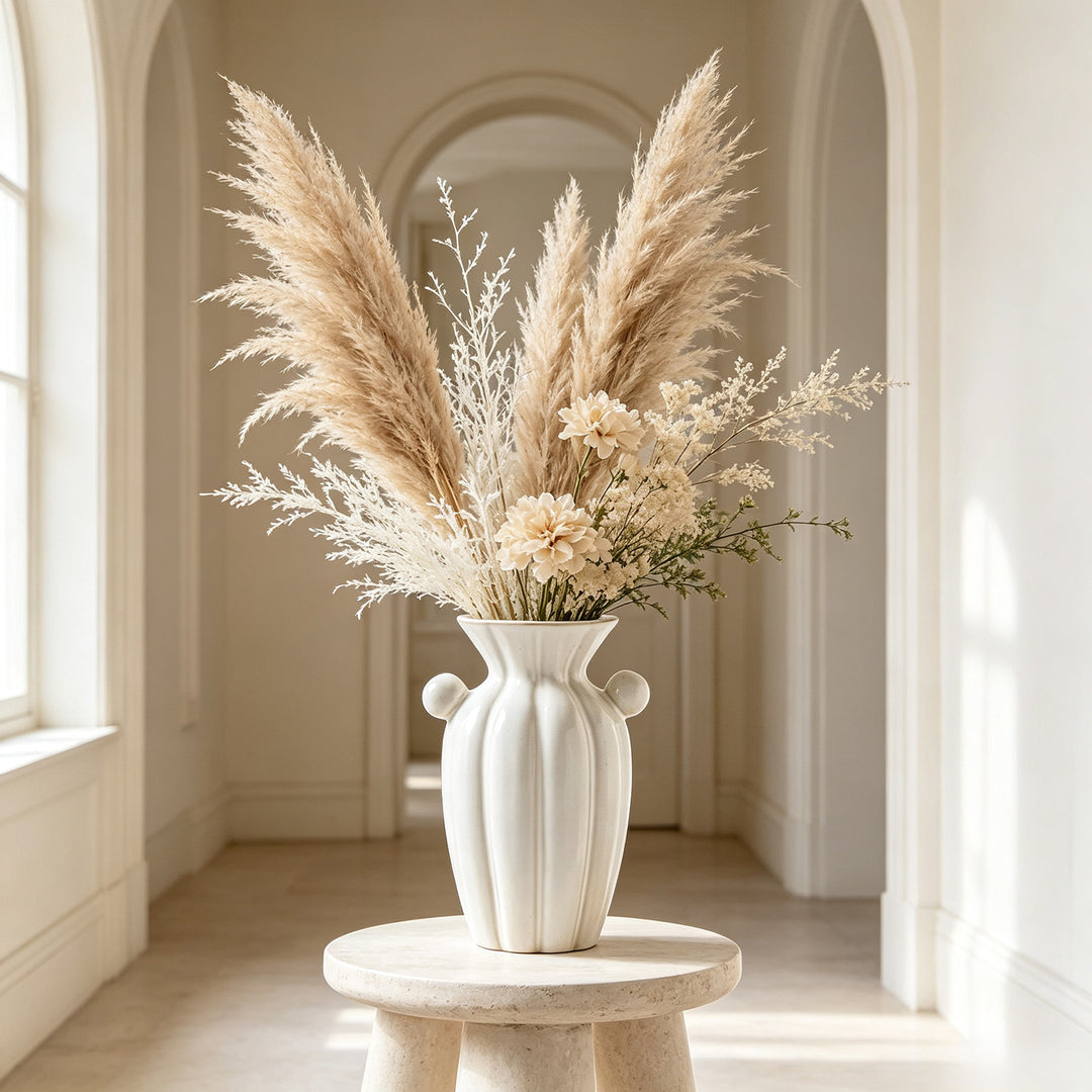 Hand-crafted fluted ceramic decorative vase with sculpted side handles