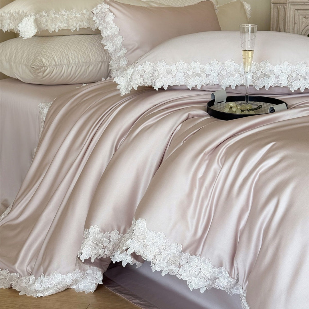 Silky Satin Duvet Cover Ensemble with Scalloped Floral Lace Border and Pillow Shams
