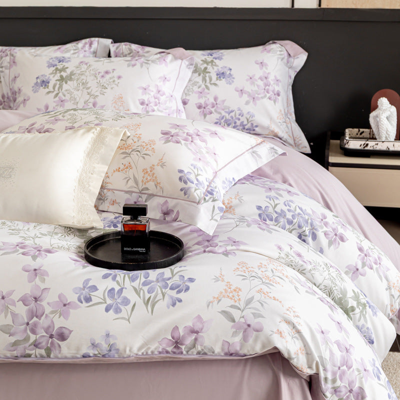 Luxurious cotton satin duvet cover set with watercolor flower pattern