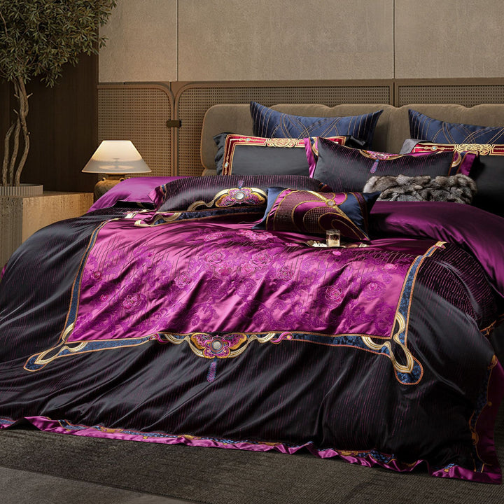 Opulent Satin Jacquard Duvet Cover Set with Embroidered Medallion Accents and Faux-Fur Throw