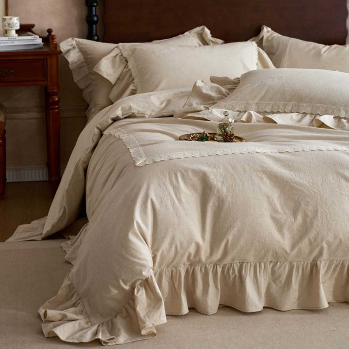Ruffled Linen-Cotton Duvet Cover Set with Scalloped Lace Panel and Bedskirt
