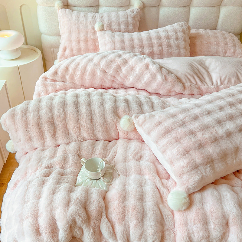 Plush Waffle-Texture Pom-Pom Duvet Cover Bedding Set