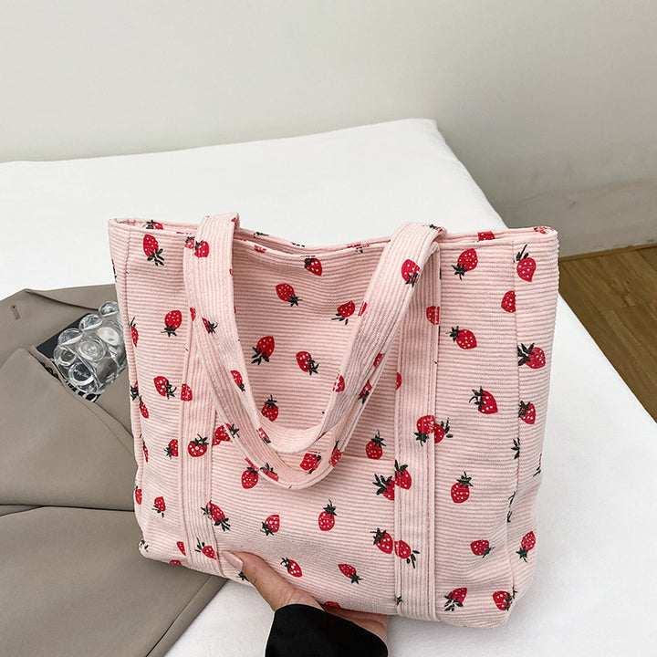 Playful Strawberry Print Corduroy Tote Bag Stornfield