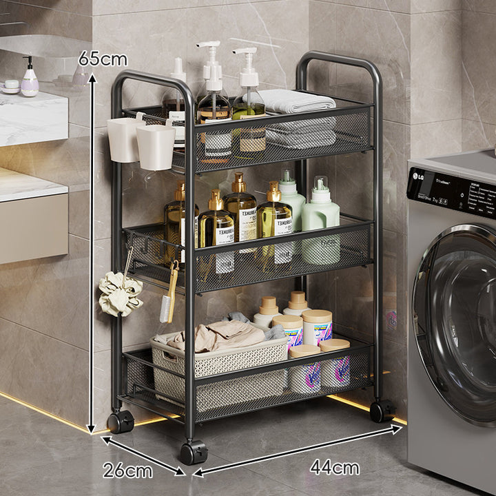 Tall Mobile Mesh Bathroom and Laundry Organizer Cart with Pull-Out Ventilated Baskets